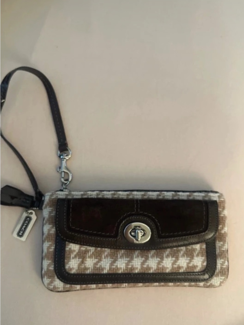 Coach Beige/Tan Wool Houndstooth Wristlet with Dark Brown Suede and Leather Trim